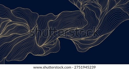 Luxury gold floral line pattern, elegant flowers and leaves, dark background. Vector illustration, Japanese and Chinese ornament with Art Deco style, organic wave shape