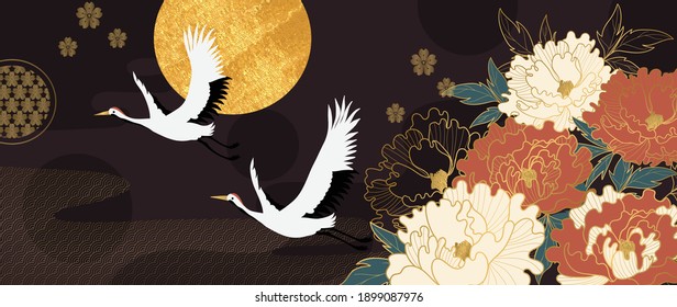 Luxury gold floral oriental style background vector. Flower wallpaper design with peony flower, Sun and Crane. Japanese, Chinese oriental line art with golden texture. Vector illustration.