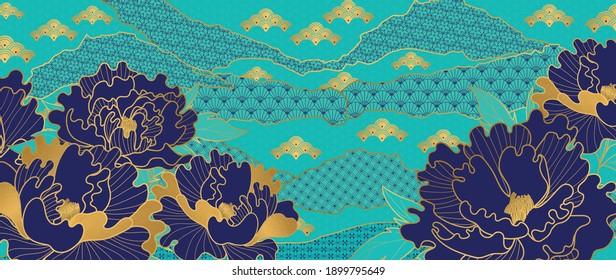 Luxury gold floral oriental style background vector. Flower wallpaper design with peony flower, Japanese, Chinese oriental line art pattern with golden texture. Vector illustration.
