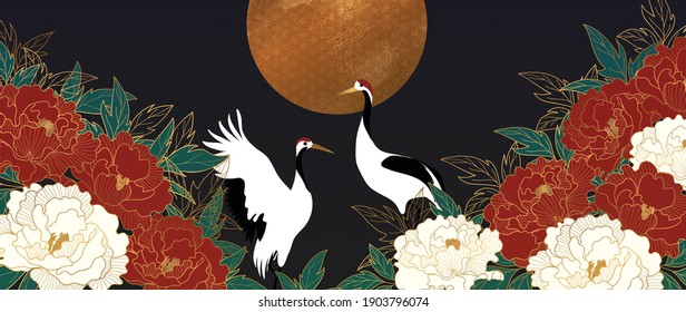 Vector de fondo de estilo oriental floral dorado de lujo. Diseño de papel pintado de flores con flores de peonía, Sun y Crane. arte oriental japonés, chino con textura dorada. Ilustración vectorial.