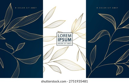 Luxury gold floral pattern, dark background, elegant line flowers and leaves. Premium vector design for wine labels, cosmetic packaging, perfume box, tea or coffee branding, wedding invitation