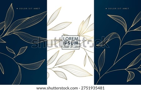 Luxury gold floral pattern, dark background, elegant line flowers and leaves. Premium vector design for wine labels, cosmetic packaging, perfume box, tea or coffee branding, wedding invitation