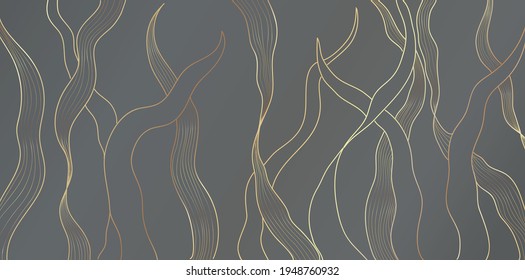 Luxury gold floral pattern on gray background. Underwater sea plants golden line leaves . Split-leaf plant abstract arts, Vector