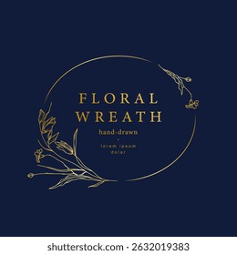 Luxury gold Floral vector round frame. Hand drawn floral line art. Elegant flowers, branches, leaves. Vector illustration for wedding invitation, save the date card, logo, tattoo, branding