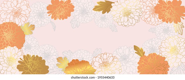 Luxury gold floral wallpaper design chrysanthemum flowers in pink, grey, terracotta colors. Vector digital illustration for wedding, banner, card, cover, packaging design with copy space for text.
