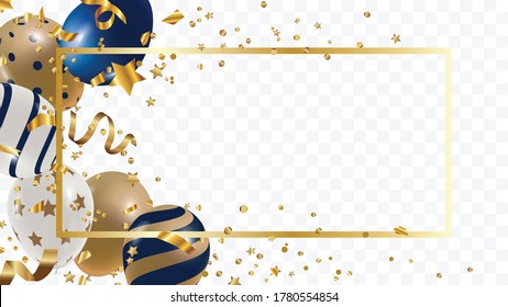 Luxury Gold foil balloons with confetti and Festive ribbon in white background.  3d realistic vector illustration for anniversary, birthday, sale and promotion,  party design element. 