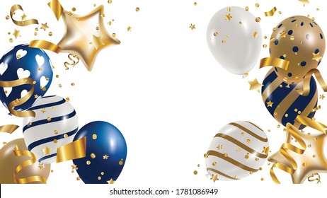 Luxury Gold foil balloons with confetti and Festive ribbon in white background.  3d realistic vector illustration for anniversary, birthday, sale and promotion,  party design element. 