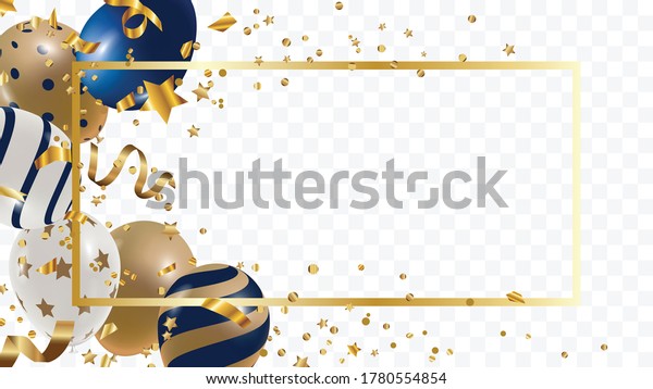Luxury Gold foil balloons with confetti and Festive\
ribbon in white background.  3d realistic vector illustration for\
anniversary, birthday, sale and promotion,  party design element.\
