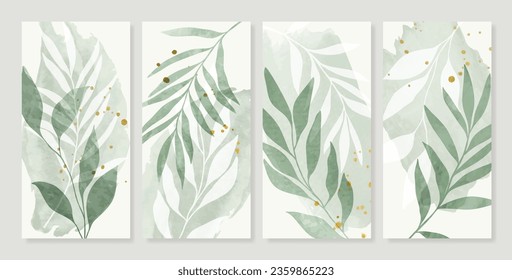 Luxury gold foliage wall art vector. Leaves, organic shapes, earth tone colors, tropical leaf in hand drawn style. Watercolor wall decoration collection design for interior, poster, cover, banner.