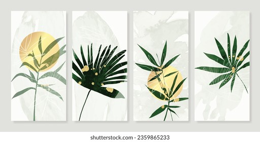 Luxury gold foliage wall art vector. Leaves, organic shapes, earth tone colors, tropical leaf in hand drawn style. Watercolor wall decoration collection design for interior, poster, cover, banner.