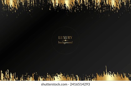 Luxury Gold frame border on black Background. Golden brush stroke, grunge texture, modern abstract style. Vector Illustration template design with copy space for your text 