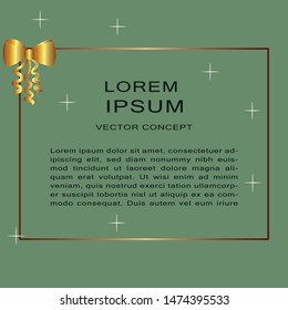 Luxury gold frame and gold bow on green background. Space for text. Vector illustration