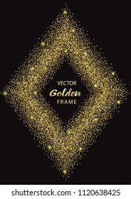 Luxury gold frame on black background. Golden glitter rhombus. Template with glitter for logo, greetind and birthday card, certificate, invitation, gift voucher and covers.