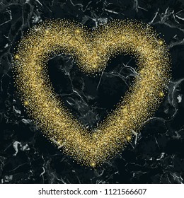 Luxury gold frame on black marble background. Golden glitter heart. Template with glitter for logo, greetind and birthday card, certificate, invitation, gift voucher and covers.