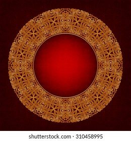 Luxury gold frame on a red background. Round frame