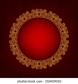 Luxury gold frame on a red background. Round frame