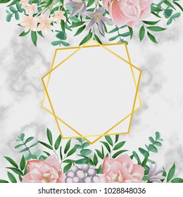 Luxury gold frame with pink flowers, greenery. Spring composition on white marble background. Romantic floral template wiht text place for greeting, birthday cards, wedding invitation, poster, covers.