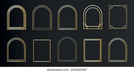 Luxury gold frame set in art deco, Islamic style. Premium golden arch on black background. Elements for vip card, wedding invitation. Collection elegant geometric shape. Isolated vector illustration