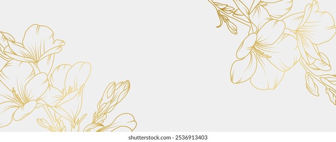 Luxury gold freesia flowers background. Floral pattern tropical in line art style for greeting, invitation, wedding card, wall art, wallpaper and print. Vector illustration