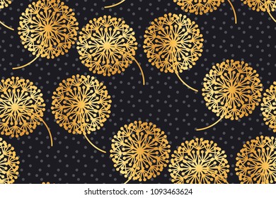 Luxury Gold Geometric Dandelion Flowers On Black. Elegant Floral Abstract Repeatable Motif In Asian Style. Stock Vector Illustration Design Element.