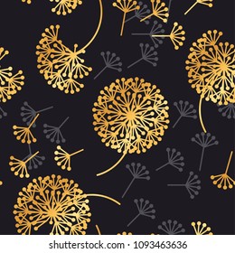 Luxury gold geometric dandelion flowers on black. Elegant floral abstract repeatable motif in asian style. Stock vector illustration design element.