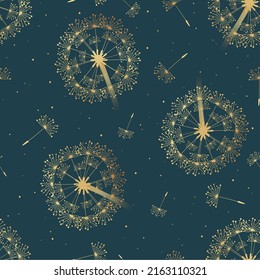 Luxury gold geometric dandelion flowers on green. Elegant floral abstract repeatable motif in asian style. Stock vector illustration design element.