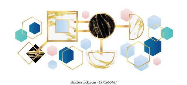 Luxury Gold Geometric pattern background vector. Abstract art wallpaper design with golden glitter, mountain, marble texture, line arts. Good for Wall home decor, canvas art, modern banner and prints.