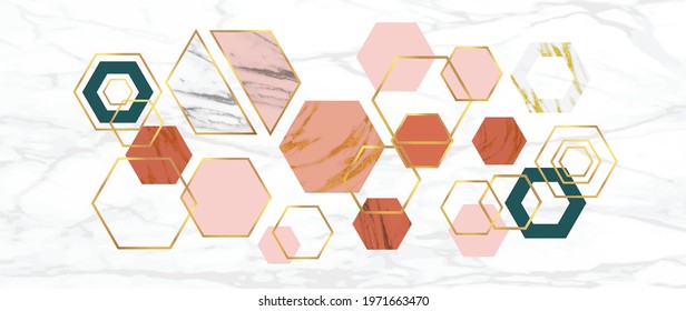 Luxury Gold Geometric pattern background vector. Abstract art wallpaper design with golden glitter, mountain, marble texture, line arts. Good for Wall home decor, canvas art, modern banner and prints.