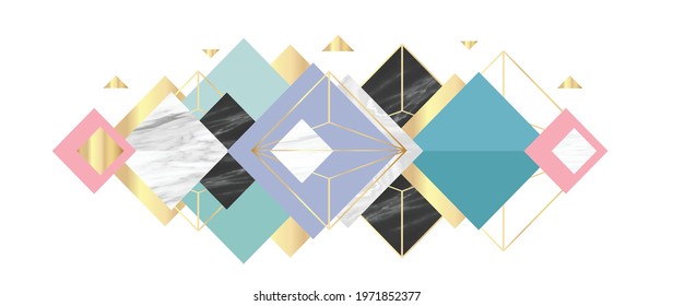 Luxury Gold Geometric pattern background vector. Abstract art wallpaper design with golden glitter, mountain, marble texture, line arts. Good for Wall home decor, canvas art, modern banner and prints.