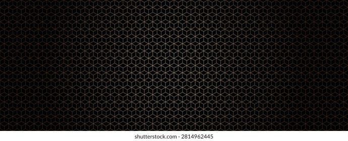 Luxury gold geometric pattern background vector illustration. Premium dark backdrop features thin golden lines forming complex hexagonal grids, abstract isometric cube structures, and central light glow for modern vip presentation.