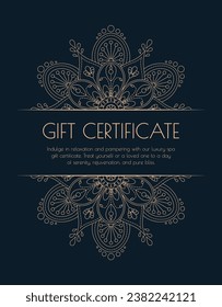 Luxury gold gift certificate with mandala for spa.