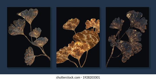 Luxury gold Ginkgo Biloba Leaf background.  Black and golden wall art design with dark blue and green color, shiny golden line arts light texture. Modern art mural wallpaper. 