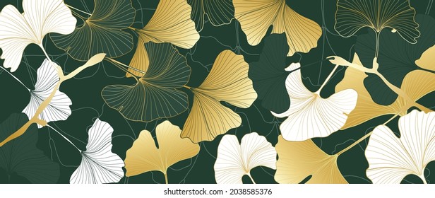 luxury gold Ginkgo biloba line art background vector. Flower boho style for textiles, wall art, fabric, wedding invitation, cover design Vector illustration.