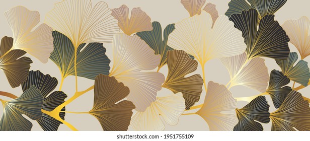 Luxury gold Ginkgo line art background vector. Abstract art design wallpaper.