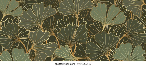 Luxury gold Ginkgo line art background vector. Abstract art design wallpaper.