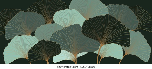 Luxury gold Ginkgo line art background vector. Abstract art design wallpaper.