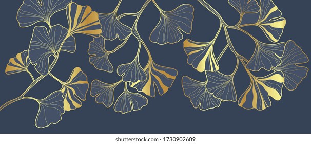 Luxury Gold Ginkgo line arts Background design vector.	