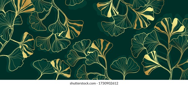 Luxury Gold Ginkgo line arts Background design vector.	