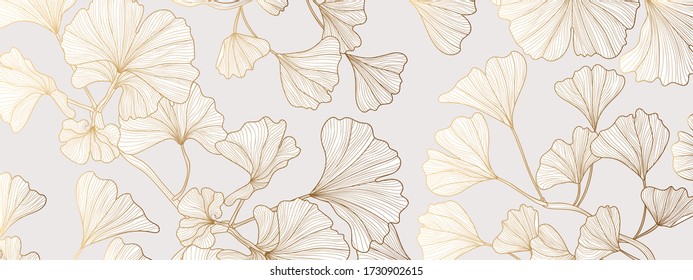 Luxury Gold Ginkgo line arts Background design vector.	