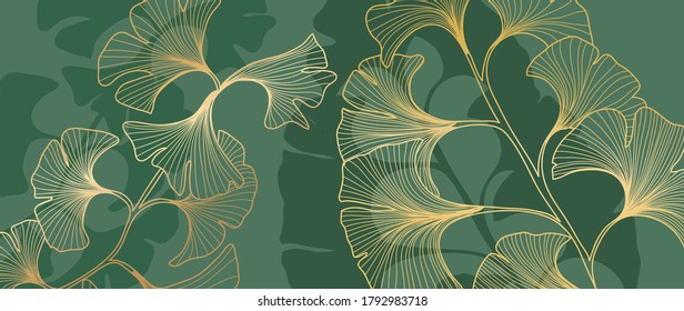 Luxury Gold Ginkgo line arts on emerald green Background. Vector illustration.	