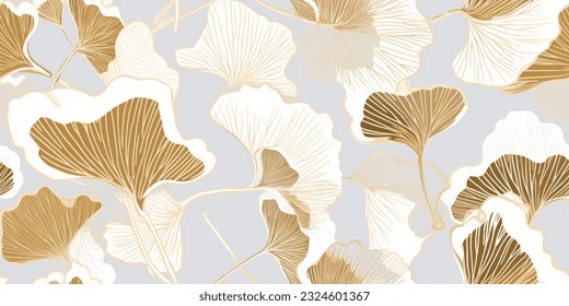 Luxury Gold Ginkgo line arts Background design vector.