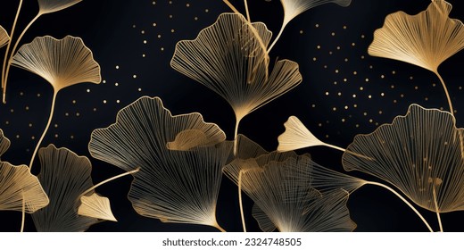 Luxury Gold Ginkgo line arts Background design vector.