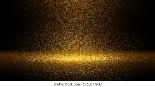 Luxury Gold glitter particles on black background. Golden glowing lights magic effects. Glow sparkles, vector illustration.