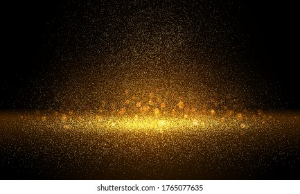 Particules de brillant Doré sur fond noir. Des lumières dorées créent des effets magiques. Étincelles lumineuses, illustration vectorielle.