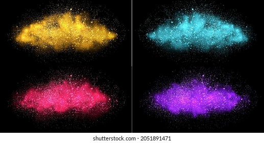 Partículas de brillo dorado de lujo sobre fondo negro. luces brillantes efectos mágicos. Espuelas de resplandor, ilustración vectorial.