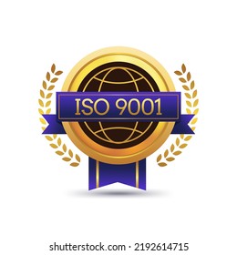 Luxury Gold Global Standard ISO 9001 Label Badge Design With Laurel, International Globe Network Icon.