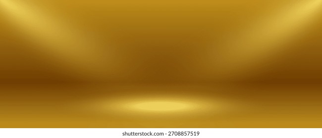 Fondo de lujo de la habitación del estudio del gradiente del oro con el resplandor suave del proyector. Vaciar 3D pared de oro metálico y fondo de la escena del piso para la exhibición del producto. Ilustración vectorial editable.