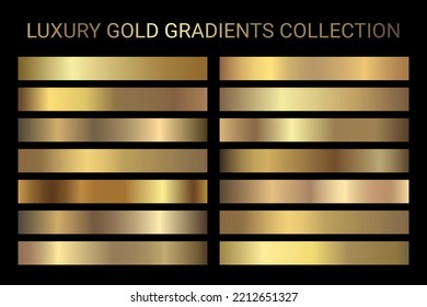 Luxury gold gradients collection vector. Golden gradients set of metallic festive gold vector colors. For Christmas cards, banners, tags, fonts, New Year Eve party flyers, invitation card design