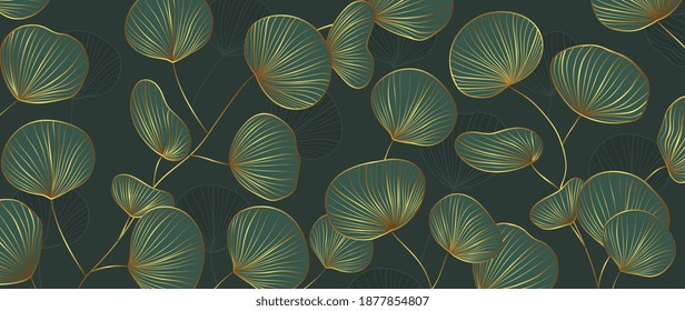 Luxury Gold and Green Ginkgo background vector. Maidenhair tree wallpaper. Hand drawn leaves design for prints and cover.Vector illustration.