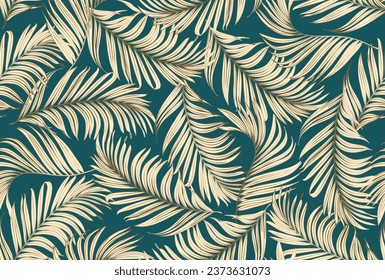 Luxury gold and green nature vector background. Floral pattern. Palm tree with golden split leaves with line art tropical plants, vector illustration.